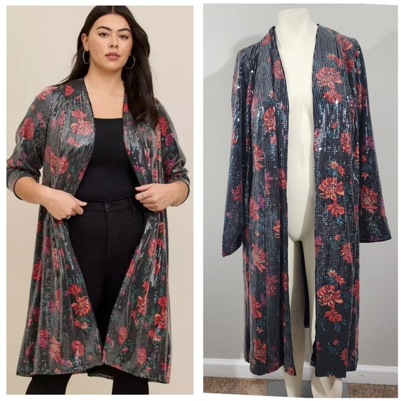 Torrid Sequin Floral Open Front Duster cardigan jacket Black red 1X Holiday glam - Picture 1 of 14
